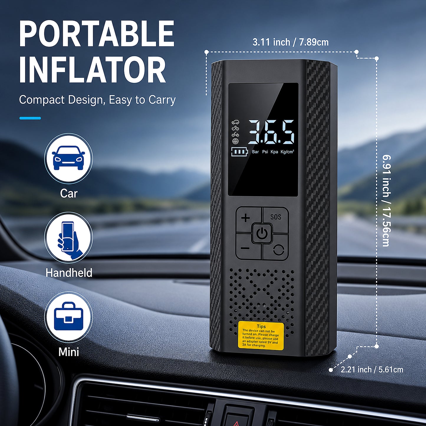 [Portable USB Rechargeable] 150PSI Portable Air Compressor with Tire Pressure Gauge & LED Display - 3X Faster One-Touch Smart Cordless Tire Inflator, USB-Powered, Rechargeable Battery, Battery capacity: 3000 mAh