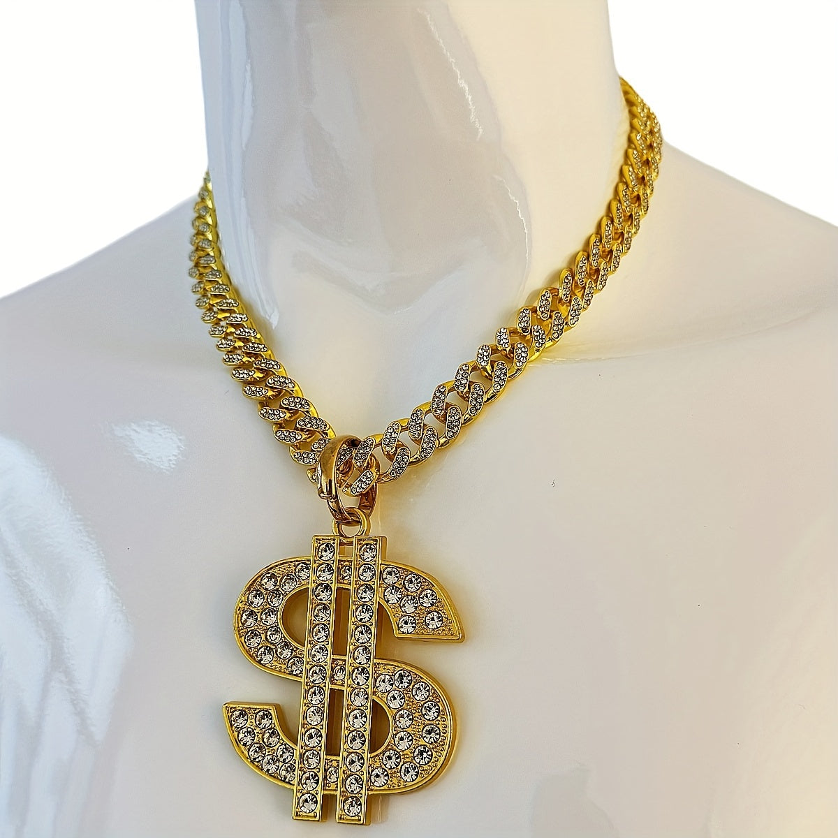 Large and Heavy US Dollar Symbol Pendant,  18K Gold Plated Alloy 18K Gold Plated-plated Cuban Chain Necklace with 12mm Full, Men's Hip-hop Style Ring Combination