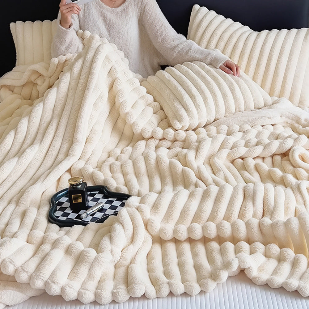 1pc Large Strips Ribbed Throw Blankets | Luxurious 270g Flannel Fleece Blanket | Warm Cozy Blanket Throws For Sofas, Bed, Chair, Couch, Settee | Super Soft Warm Blanket Single Double King Super King Size, Machine Washable, Easy Care, Perfect for Home, Tra