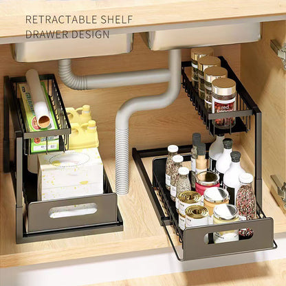 2 Tier Pull Out Basket Kitchen Under Sink Cupboard Organiser Drawer Storage Rack