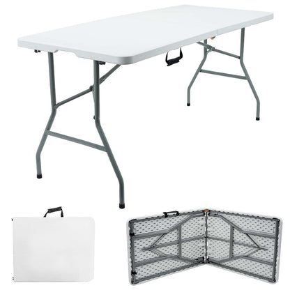 Folding Table 5ft 1.5m Heavy Duty Portable Trestle Table with Carry Handle, Sturdy White Plastic Camping Table with Steel Frame for BBQ, Picnic, Garden, Party, Market Stall & Office Use