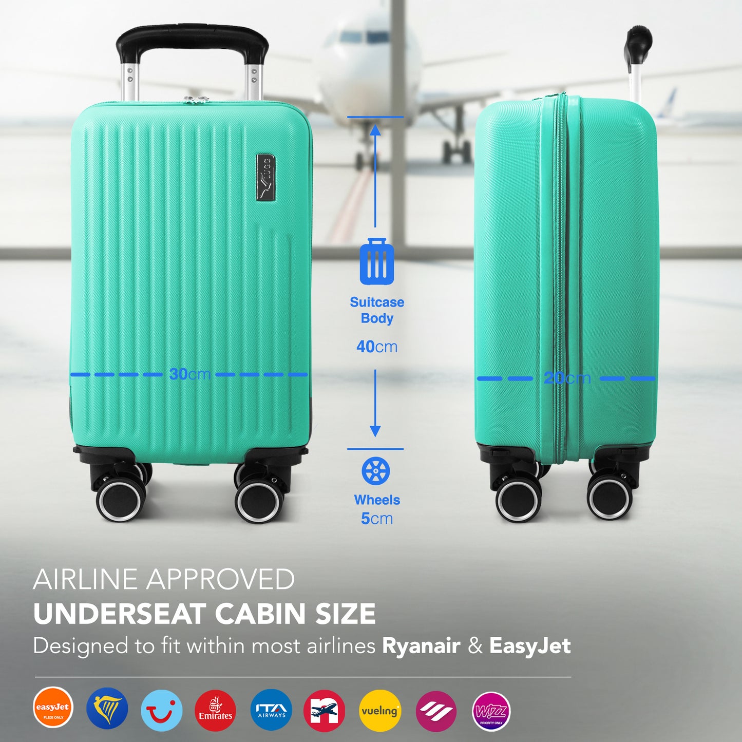 LUGG - Vacay 40cm Suitcase - 40x30x20cm without wheels - Ryanair Compatible - Underseat Size - Hard Shell ABS with Smooth 360° Wheels & Removable Wheels