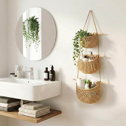 Boho Chic 3-Tier Wall Hanging Storage Basket - Handwoven Rope Organizer for Fruits, Vegetables & More - Easy Install, Versatile Home Decor, Storage Basket