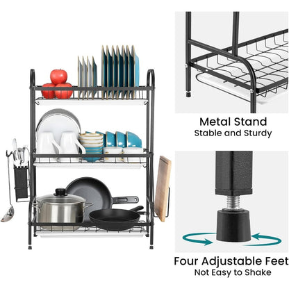 3-Tier Dish Rack Dish Drainer Rack with Drainboard Large Over Sink Drying Rack Kitchen with Cutlery & Cutting Board Holder Space-Saving Kitchen Draining Board with Drip Tray