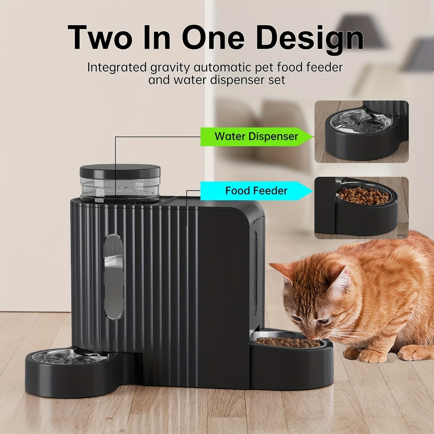 Dog And Cat Food Feeder And Water Dispenser, Two-In-One Set, Automatic Gravity Feeding, 304 Stainless Steel Bowl, Removable And Washable, for Small/Medium/Large Dogs And Cats, 3L Large Capacity, Black, Without Battery