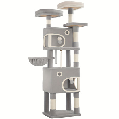 [Multi-Level Cat Tree] HZUANERI 180cm Multi-Level Cat Tree | 8 Scratching Posts, 3 Platforms, 2 Dens, Basket & Plush Balls - Durable Sisal Rope for Indoor Cats of All Sizes, Space-Saving Design for Climbing, Resting & Play, Cat Climbing Tower, Pet Activit