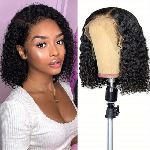 Lace Front Wigs with a Short Curly Bob Style from Brazil, Featuring a Dense Design, Deep Wave Rose Net, And Suitable for Women, These Glueless Machine-Made Wigs Offer a Stylish Look