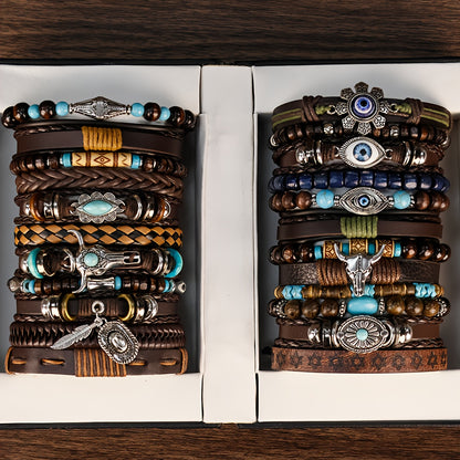 18pcs Vintage Western Style Adjustable Multi-Layer Handmade Beaded Bangle Bangle Bracelet Set