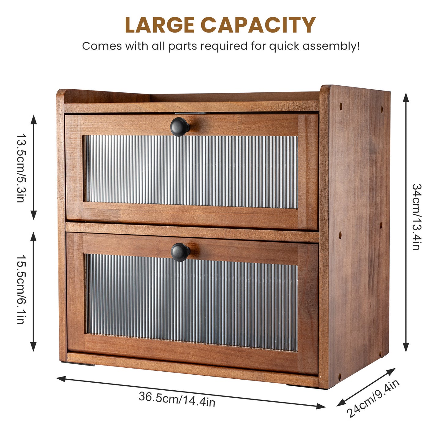 Double Layer Bread Box for Kitchen Counter, 2 Decker Large Wooden Bread Bin, Corner Bread Storage Container with Acrylic Windows, Dry Food Container with Air Vents to Keep Fresh, Self Assembly