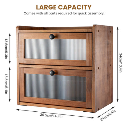 Double Layer Bread Box for Kitchen Counter, 2 Decker Large Wooden Bread Bin, Corner Bread Storage Container with Acrylic Windows, Dry Food Container with Air Vents to Keep Fresh, Self Assembly