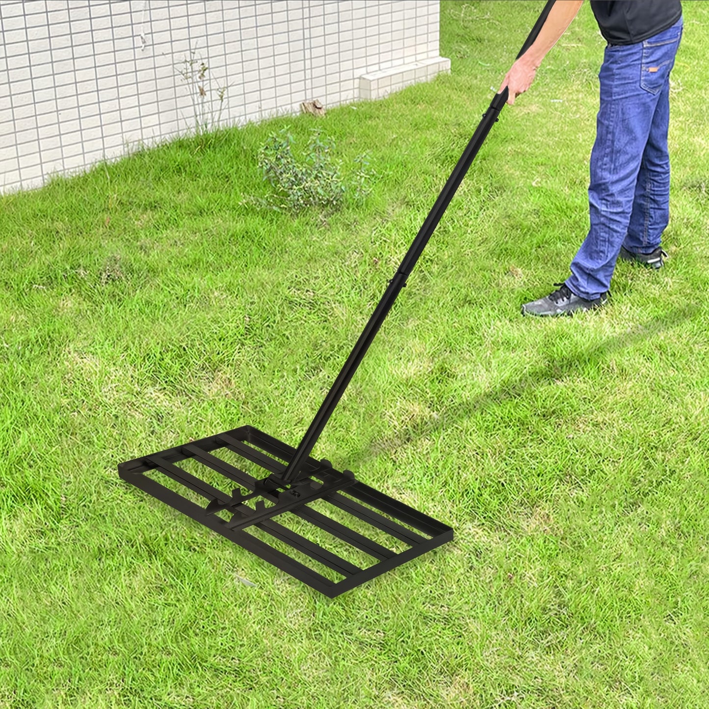Professional Heavy-Duty Stainless Steel Lawn Leveling Rake with Adjustable Length Handle (25x50cm/25x75cm) - 4-Section Telescopic Design, Ergonomic Non-Slip Grip & 4-Section Lever Mechanism for Golf Courses, Gardens, Yards - Sand Trap, Bunker