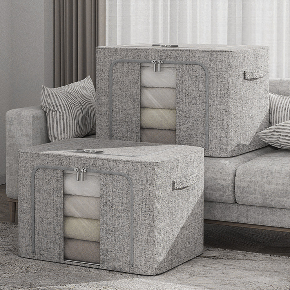 66L Foldable Storage Box with Clear Windows - Extra Thick Cotton Linen Fabric Organizer Bins | Space-Saving Stackable Design for Clothes, Blankets & Bedding Storage (Zipper Closure, Wardrobe Essential)
