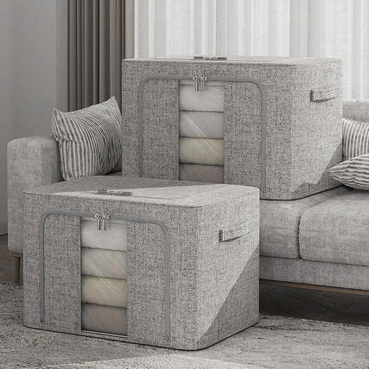 66L Foldable Storage Box with Clear Windows - Extra Thick Cotton Linen Fabric Organizer Bins | Space-Saving Stackable Design for Clothes, Blankets & Bedding Storage (Zipper Closure, Wardrobe Essential)