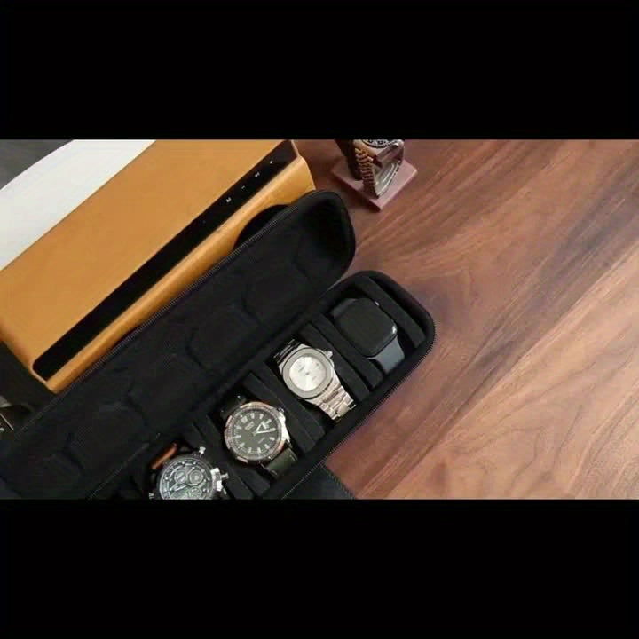 Single Piece 5-Compartment for Watch Storage Solution, Featuring a Cushioned Divider And Handle, Flip-Top Lid, Robust Travel Case, Scratch-Proof Design, Suitable for All Genders, Versatile for Home And Travel Use, Protective Cushioning