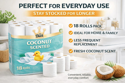 Coconut Scented Toilet Rolls 18 Pack – Soft Strong 3 Ply Toilet Paper with Fresh Fragrance for Home Bathrooms | Absorbent & Gentle, Everyday Value Bulk Pack