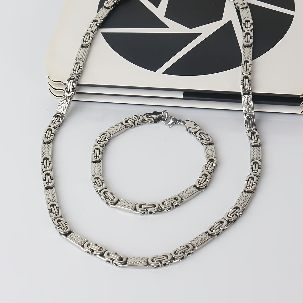 6mm Wide Stainless Steel Flat Emperor Cuban Chain Men's Hip Hop Stainless Steel Color Necklace + Bracelet European and American Jewelry