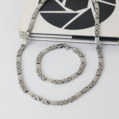 6mm Wide Stainless Steel Flat Emperor Cuban Chain Men's Hip Hop Stainless Steel Color Necklace + Bracelet European and American Jewelry