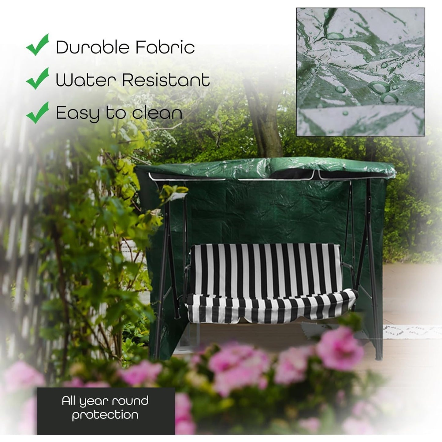 Garden Swing Covers Waterproof Heavy Duty Outdoor Swinging Chair Cover Windproof Anti-UV Patio Garden Hammock Cover With Zips (Green)