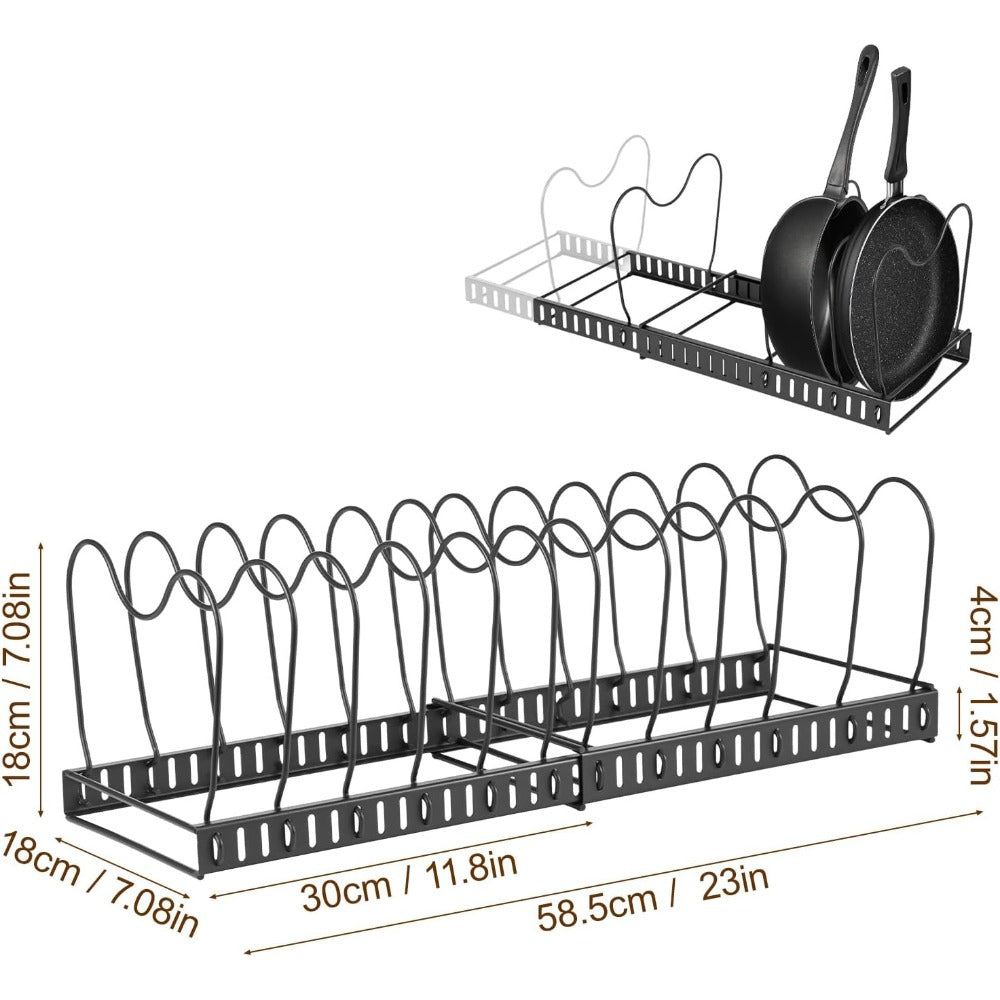 1 Set Pot and Pan Organizer Rack with 10 Adjustable Dividers – Expandable Kitchen Cabinet Storage for Lids, Dishes, Cookware – Bakeware Rack for RV & Home