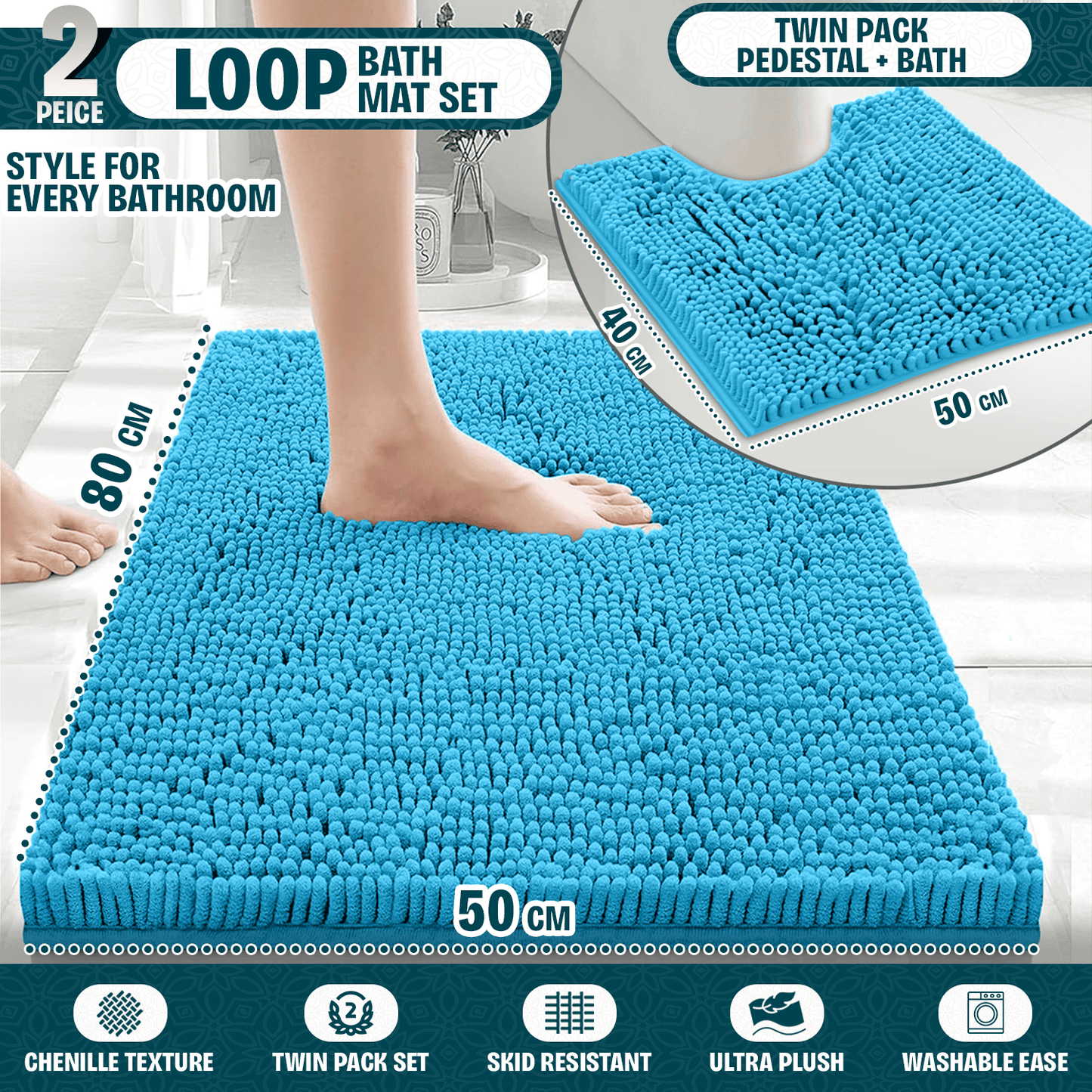 2-Piece Loop Bathroom Mat Set | Soft Chenille Microfiber Rugs with Non-Slip Backing | Machine Washable | Includes 50x80cm Bath Mat & 50x40cm Pedestal Mat | Stylish, Comfy & Durable | UK STOCK | LOCAL WAREHOUSE