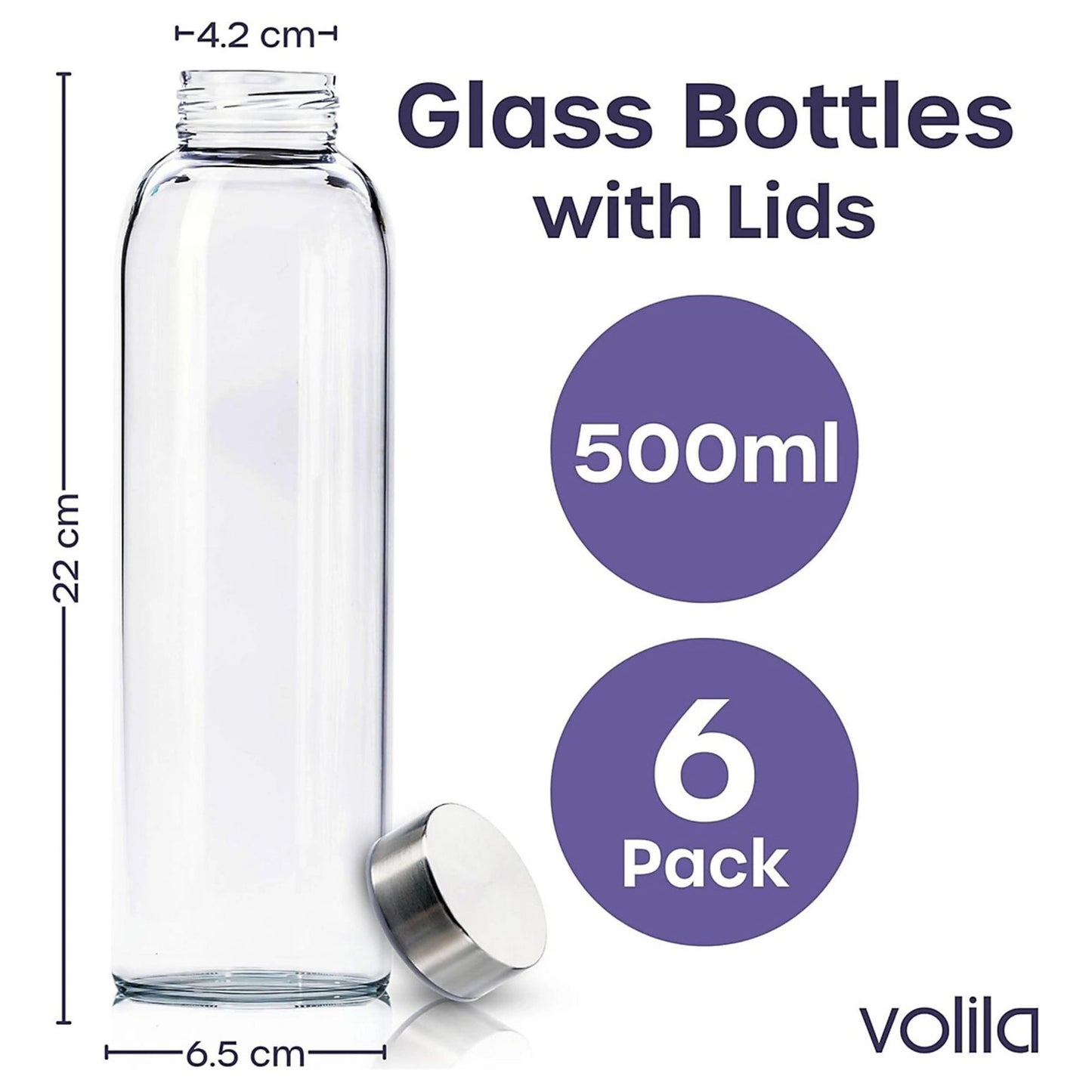 Glass Bottles with Lids - 6 Pack 500ml Leakproof, Reusable Glass Drinking Bottle for Water, Juice, Milk and Smoothie - with Airtight Metal Lids, Cleaning Brush and White Labels