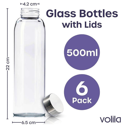 Glass Bottles with Lids - 6 Pack 500ml Leakproof, Reusable Glass Drinking Bottle for Water, Juice, Milk and Smoothie - with Airtight Metal Lids, Cleaning Brush and White Labels