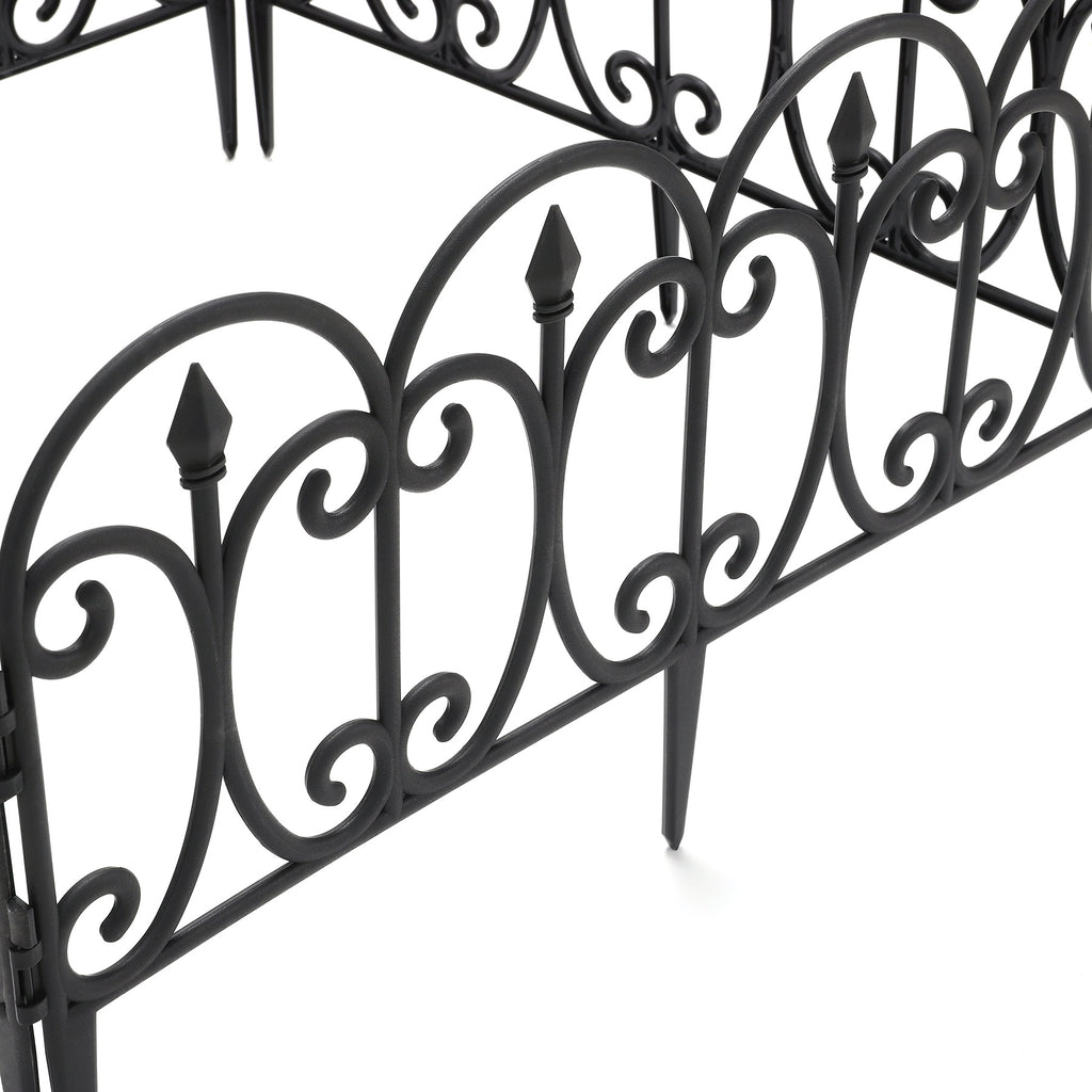 Wrought Iron Effect Plastic Garden Fence 6 Pack – Interlocking Border Panels with Ground Spikes, Weatherproof & Rust-Free, Lawn Edging for Flower Beds, Paths & Borders | Black 60x33cm