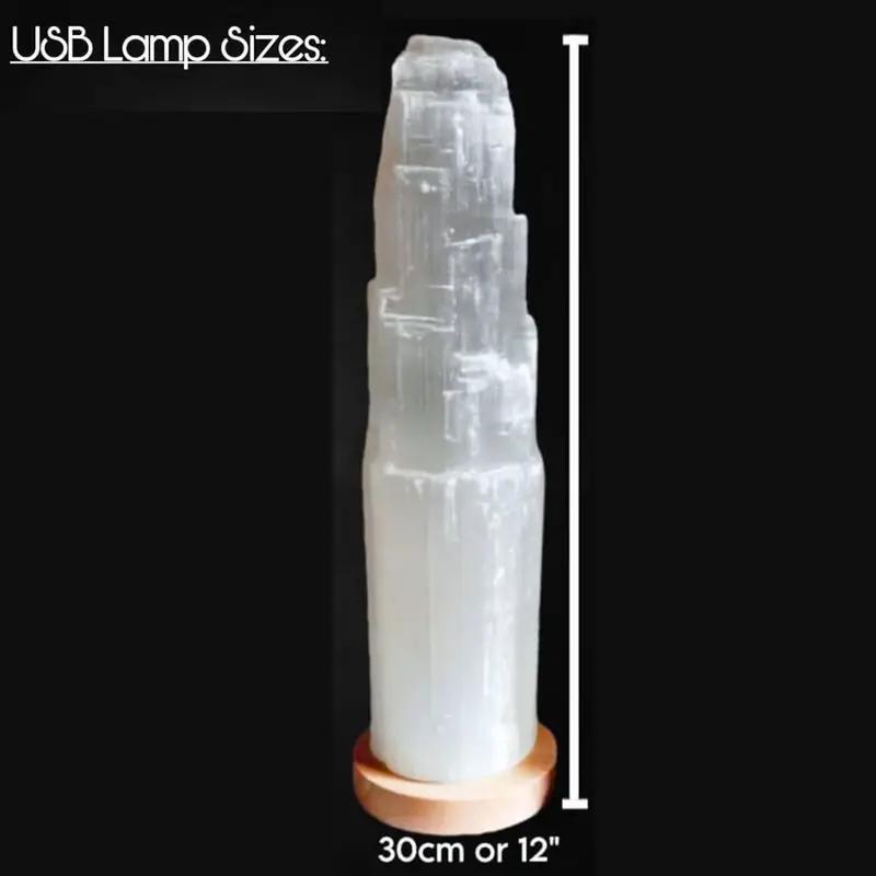 Selenite Crystal USB LED Lamp with Wooden Base Handmade White Crystal Tower white Light lamp for Home Decoration, Meditation, Yoga & Gifting