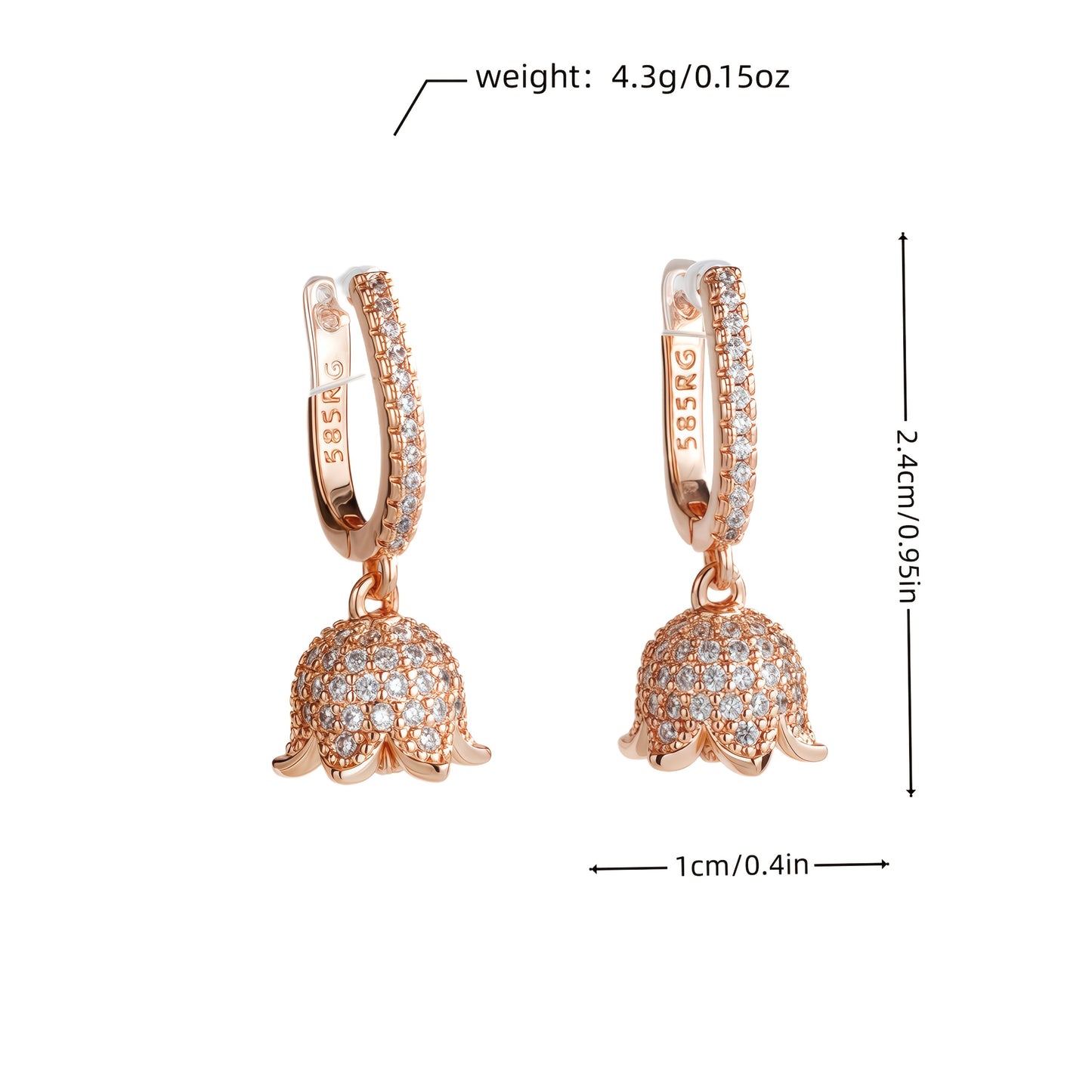 [Wedding Jewelry] A Pair of Rose Golden High-End Hypoallergenic Copper Women's Earrings, Elegant and Luxurious with Synthetic Synthetic Zirconia Inlay, Rose Flower and Lily of the Valley Pendant Design, Suitable for Daily Wear, Banquets, and Vacations, We