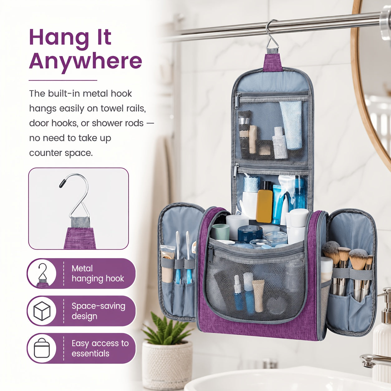 Large Hanging Travel Toiletry Bag Makeup Organizer Bag for Women Travel And Home Cosmetic Bag with PVC Compartment And Metal Hook Fashion Design - Perfect for Travel Daily Use Valentine'S Day Gifts