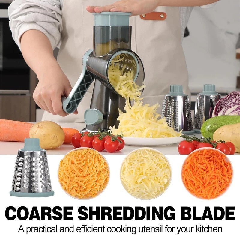 3 in 1 Rotary Food Slicer Chopper Cheese Grater Fruit Vegetable Salad Fruit Peeler Kitchen Shredder Cutter Dicer Chopper Kitchen Planer Nut Grinder Tool for Cucumber Potato, Carrot, Garlic, Nuts, Walnut