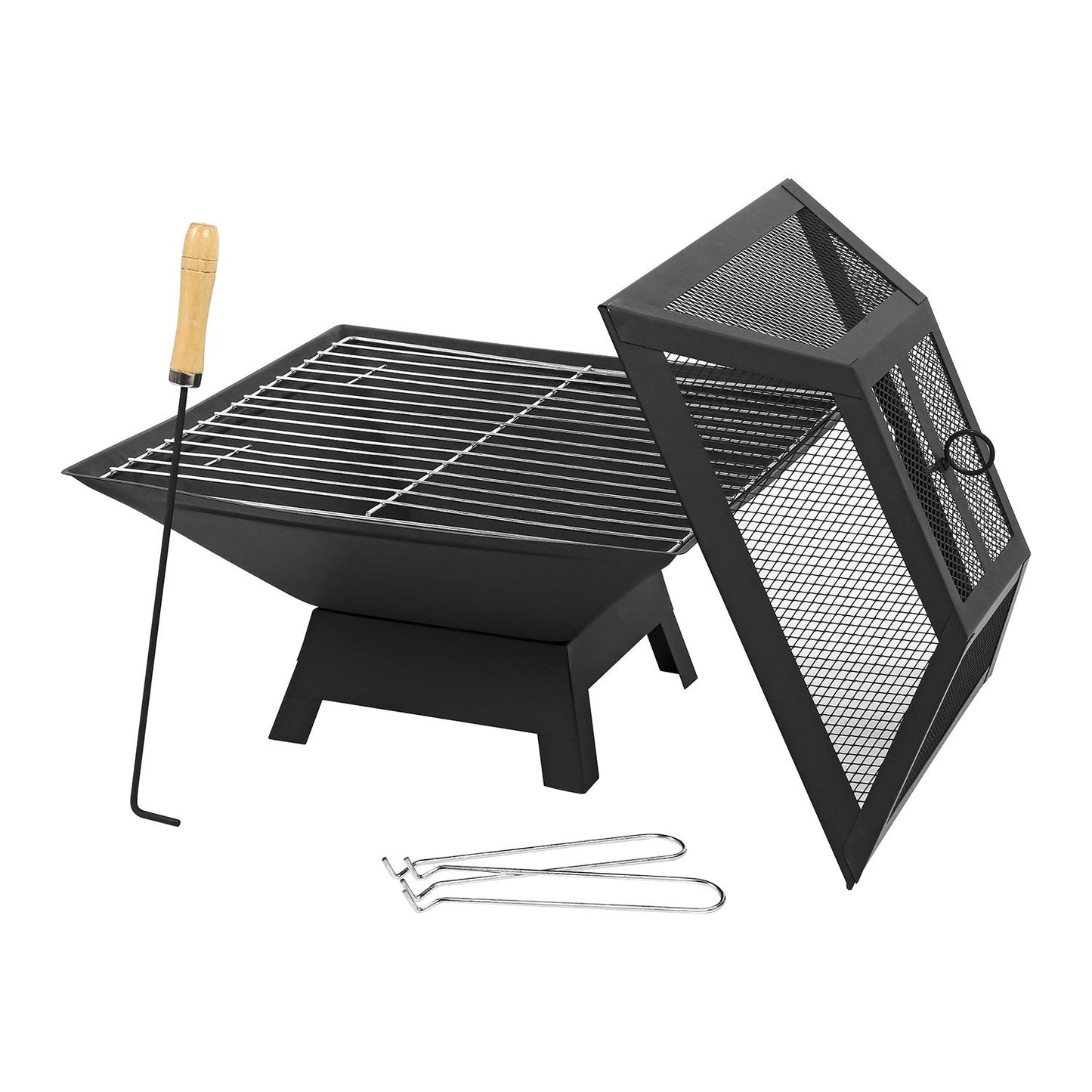 Taylor & Brown Square Fire Pit with BBQ Grill Heater Outdoor Garden Black Barbeque Metal Brazier Patio Decor Firepit Stove Portable Heat Mesh Cover for Camping or Picnics