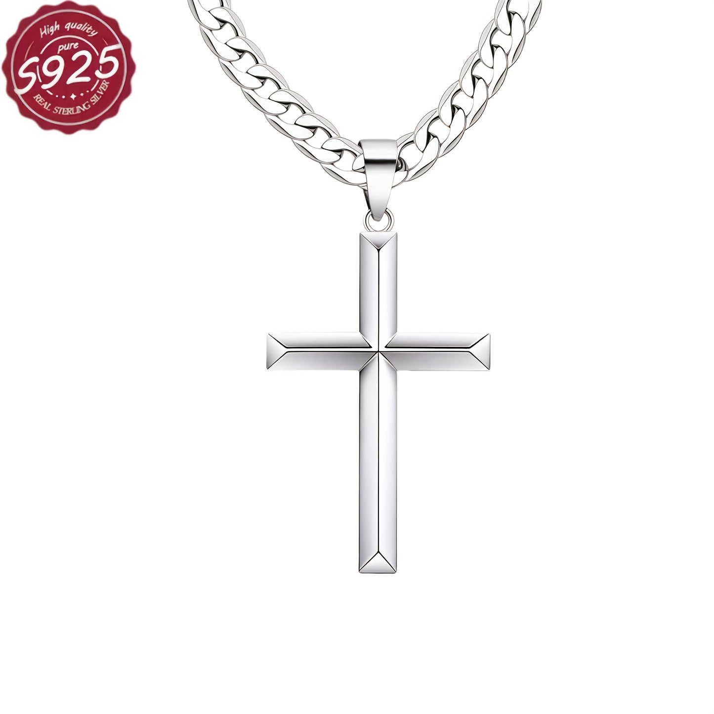 925 Sterling Silver Solid Cut 5mm Cuban Chain Cross Pendant Necklace, Hip Hop Trend, Birthday Gift, Everyday Gift, Valentine's Day Gift, Perfect for Celebration, Party, Dating, Comes with A Gift Box, Hip Hop Jewelry, Celebration Necklace, Statement Neckla