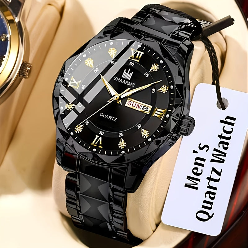 1 New Stainless Steel Band Men'S Quartz Watch Roman Numeral Dial Inlaid with Rhinestones Date Calendar Trendy Fashion Easy Brand Luxury Luminous Sports Leisure Life Travel Business Multi-Function Watch Birthday Gift Holiday Gift Gift Ideal Choice