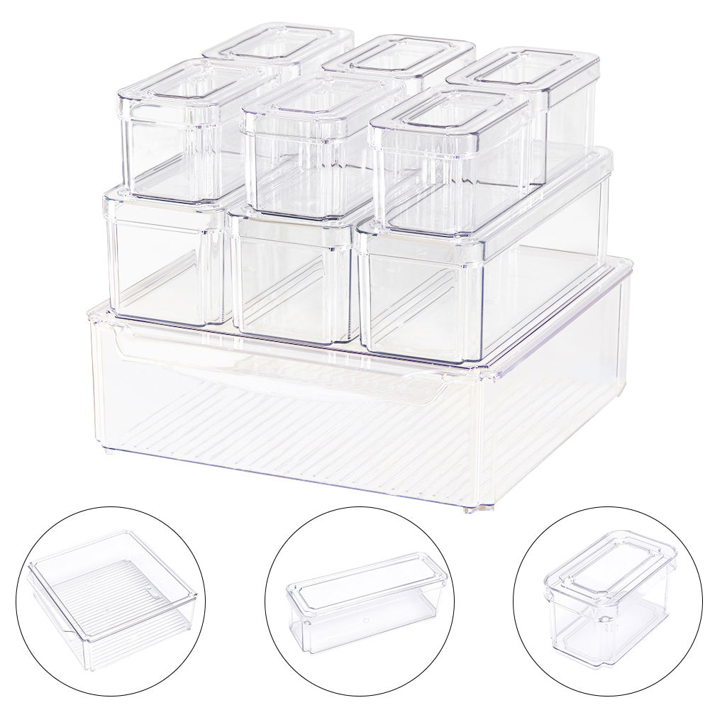 10pcs Stackable Kitchen Storage Box Set, Fruit Vegetable Snack Fresh-Keeping Containers with Lids, Transparent Plastic Organizer Boxes (Large: 30*30*9.8cm, Medium: 26.5*9*8.5cm, Small: 12.3*7.5*7cm)