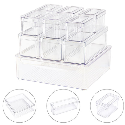 10pcs Stackable Kitchen Storage Box Set, Fruit Vegetable Snack Fresh-Keeping Containers with Lids, Transparent Plastic Organizer Boxes (Large: 30*30*9.8cm, Medium: 26.5*9*8.5cm, Small: 12.3*7.5*7cm)