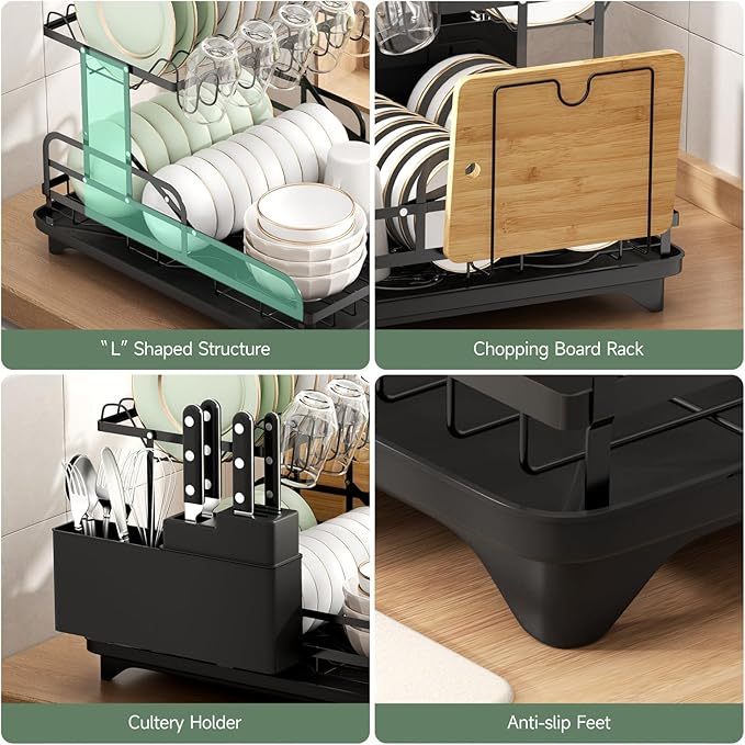 Dish Drying Rack, 2 Tier Foldable Stainless Steel Large Dish Drainer Rack with Drip Tray, Adjustable Utensil & Chopping Board Holder, Space- Saving Rustproof Non- Slip Kitchen Dish Dryer for Sink, Black