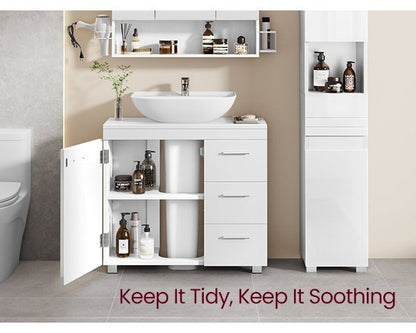 Under Sink Bathroom Cabinet, Storage Cabinet, with 3 Drawers, for Washbasins with Pedestal, 30 x 70 x 64 cm，Cloud White and Natural Beige