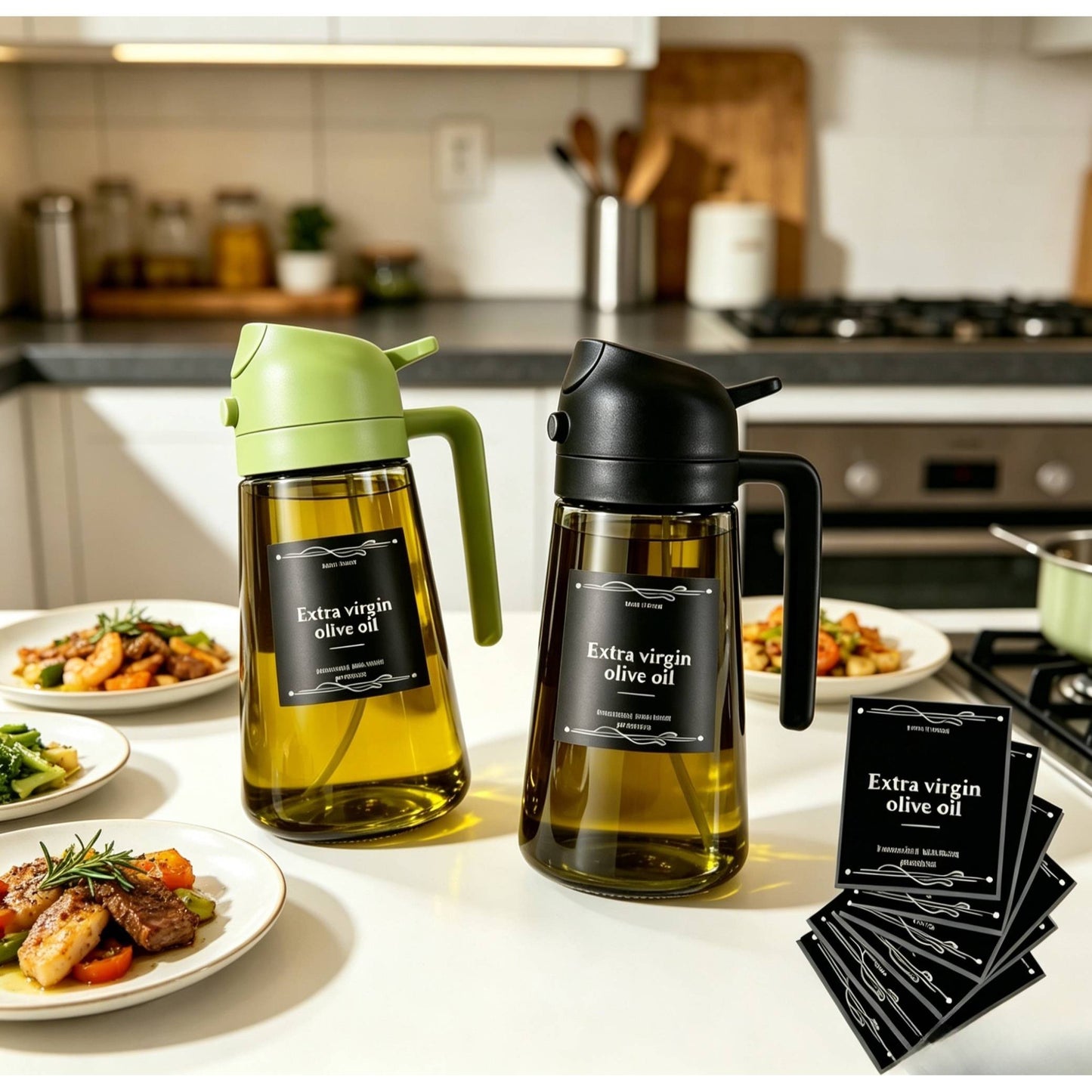 Set of 2 Kitchen Glass Olive Oil Dispensers, a 2-In-1 Oil Bottle And Cooking Sprayer, 16-Ounce Premium Dark Green Glass Oil Bottle, Cooking Oil Dispenser, Kitchen Oil Sprayer, Includes 6 Stickers, Suitable for Grilling, Rvs, Salads