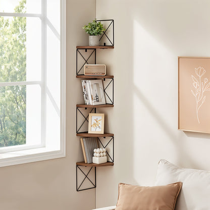 1pc 5-Tier Wooden Corner Shelf - Space-Saving Floating Bookcase & Display Stand | Easy Assembly Storage Rack for Books, Plants & Decor in Living Room, Office & Bathroom
