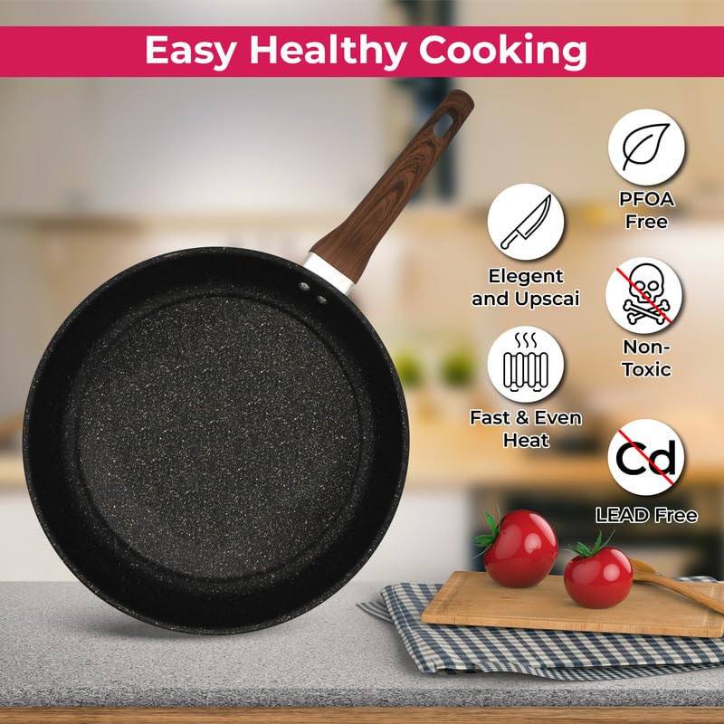 STL Frying Pan Non-Stick, Durable, Wooden Handle, Anti-Scratch Granite Coating, Compatible with Induction, Electric & Gas Hobs, Ergonomic Soft Grip