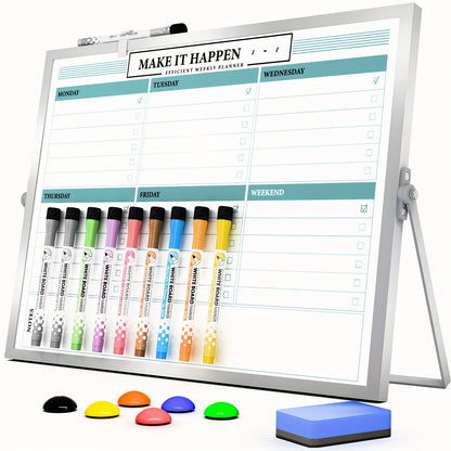 Dry Erase White Board with Stand, Double-Sided Weekly Whiteboard 30.48cm X 40.64cm, 10 Markers, 6 Magnets, 1 Eraser, Portable Desktop Whiteboard for Planning, Weekly Schedule Board for School for Home