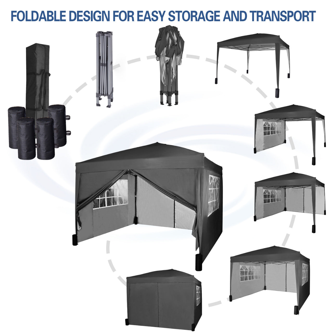 Pop-up Gazebo 3m x 3m with Sides & 4 Weight Bags & Silver Protective Layer Waterproof Marquee Canopy