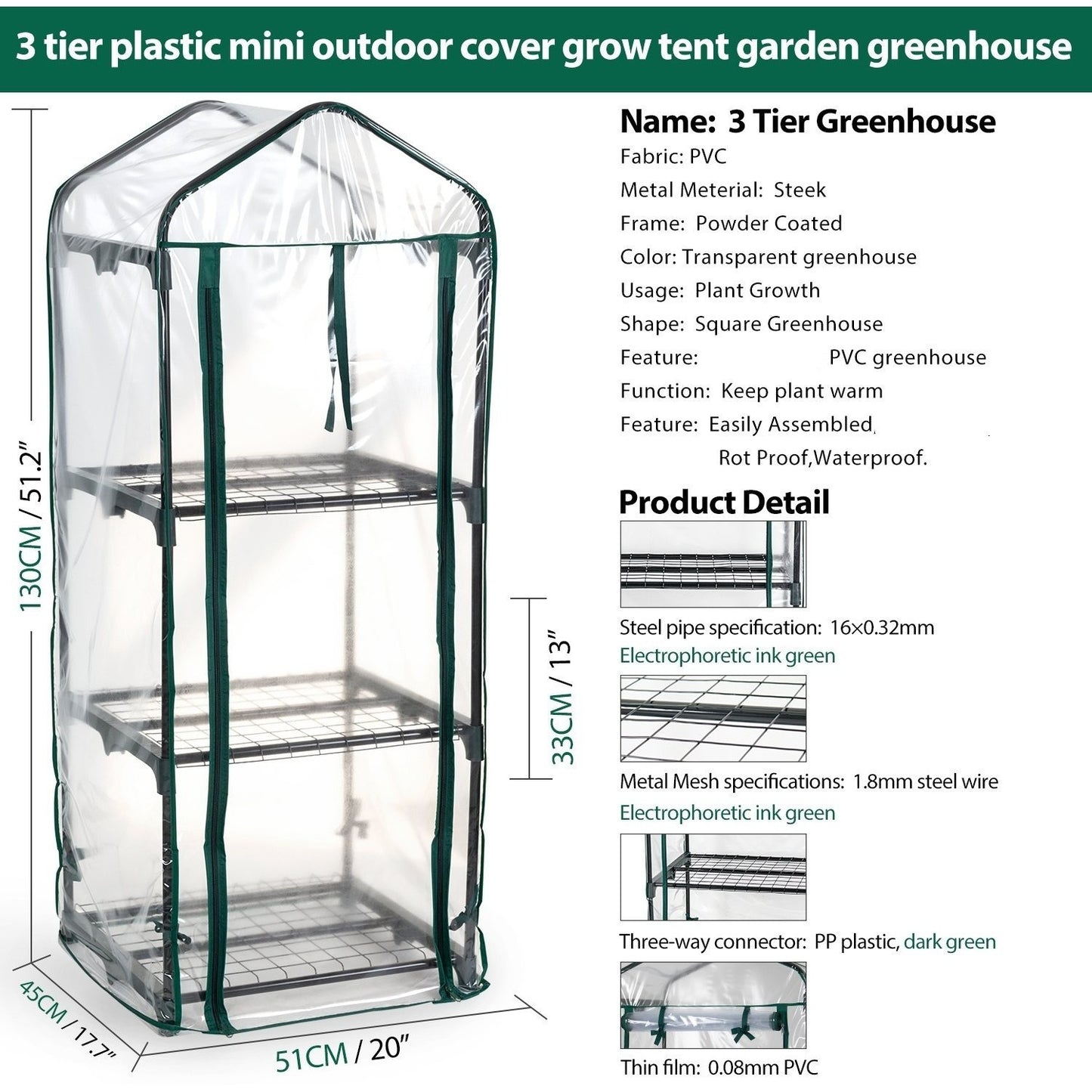 3 Tier Greenhouse, Small Plant Greenhouses, With Transparent Plastic PVC Cover, Indoor outdoor tent garden greenhouse (51 x 45 x 130 cm)