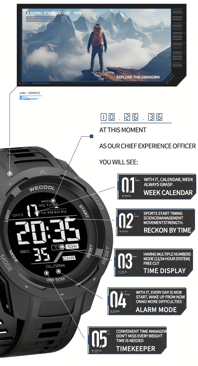 Men'S Chronograph Large Dial Digital LED Luminous Calendar Week Outdoor Sports Way Fashion Watch Wristwatch