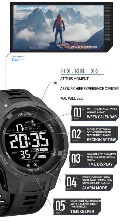 Men'S Chronograph Large Dial Digital LED Luminous Calendar Week Outdoor Sports Way Fashion Watch Wristwatch