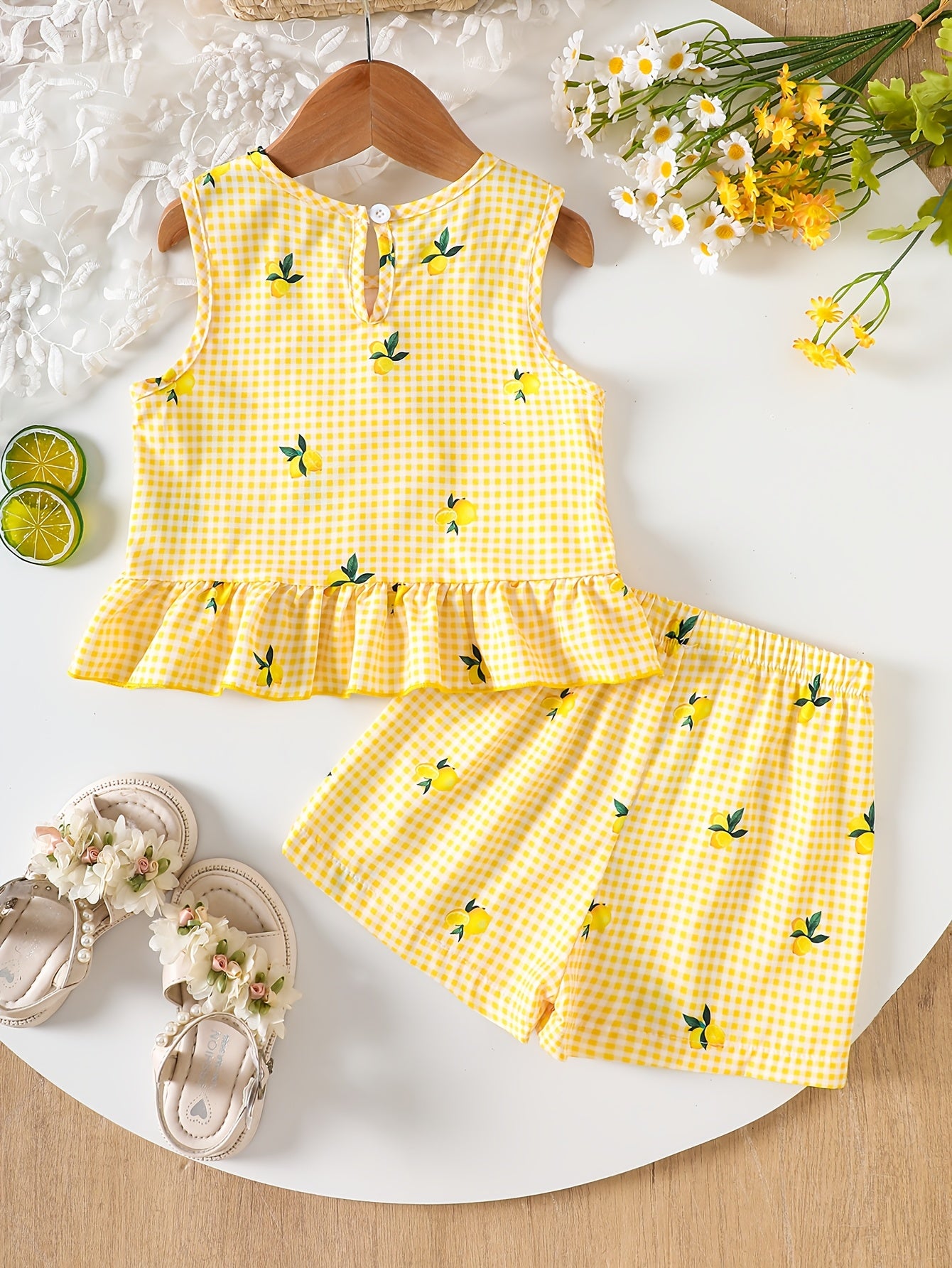 2pcs Set. Girls' Vest And Shorts Outfit, Lemon Print, Contrast Plaid Pattern, Bow Detail, Ruffled Hem. Summer Casual Outfit for Girls. Ideal Gift for 1-8 Year Olds. Suitable for Outdoor Wear