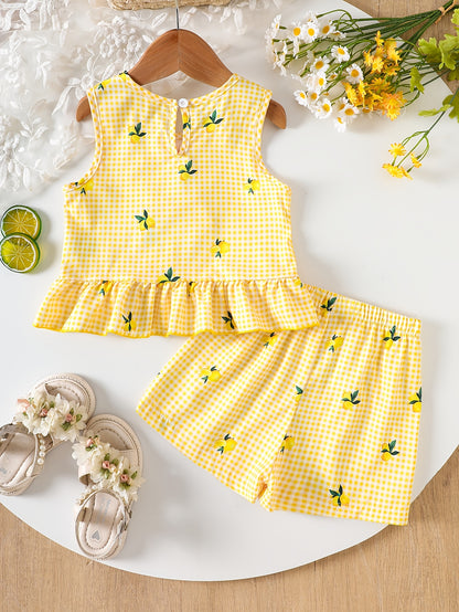 2pcs Set. Girls' Vest And Shorts Outfit, Lemon Print, Contrast Plaid Pattern, Bow Detail, Ruffled Hem. Summer Casual Outfit for Girls. Ideal Gift for 1-8 Year Olds. Suitable for Outdoor Wear