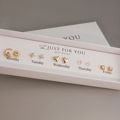 10pcs Set of Easy And Cute Synthetic Zirconia Earrings Set with Sun, Heart, Flower Shape for Women, Suitable for Daily Banquets, Commuting, Mother'S Day, Thanksgiving, Gifts for Lovers, Mothers, And Daughters, Middle East Ramadan Festival