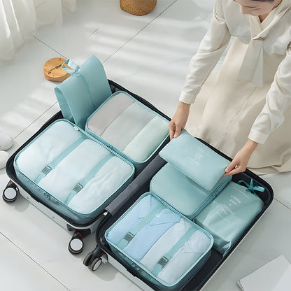 Packing Cubes Set of 7 for Suitcase – Travel Organiser Bags for Clothes, Shoes, Toiletries & Accessories, Oxford Fabric Luggage Sorting Pouches for Holiday & Business Travel in Grey, Pink, Blue & Beige